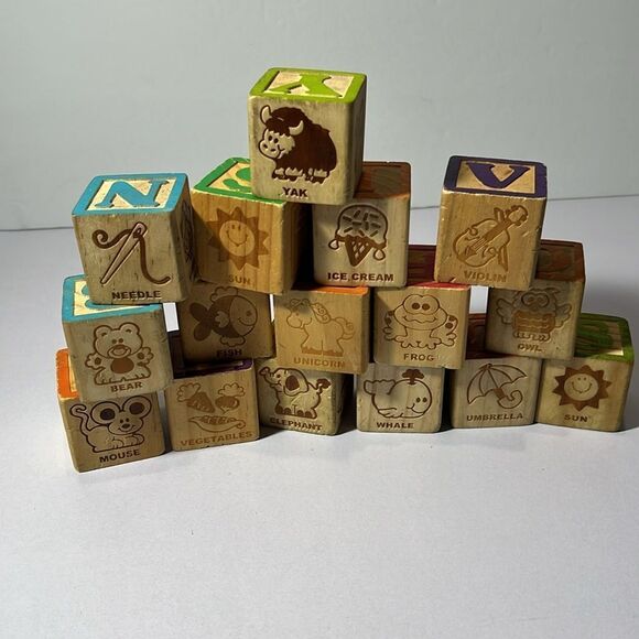 Set of Large Picture Alphabet Vintage Wooden Blocks - Picture 2 of 2